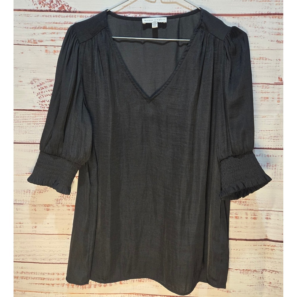 Maison dAmelie Black V Neck 3/4 Sleeve Smocked Cuff Soft Boho Blouse Top Women M